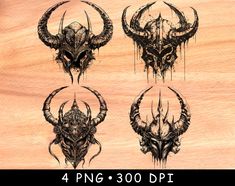 four horned horns and demon heads on a wooden background with the text 4 png 300 dpi