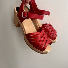 Never Worn, Excellent Condition. Just A Touch To Small For Me. Swedish Clog Sandals, Red Leather Clogs With Wooden Heel, Spring Red Clogs With Wooden Heel, Red Mules With Wooden Heel And Round Toe, Red Clogs With Wooden Heel And Round Toe, Red Closed Toe Mules With Leather Sole, Red Leather Clogs With Block Heel, Red Leather Sandals With Wooden Heel, Red Closed Toe Clogs With Wooden Heel