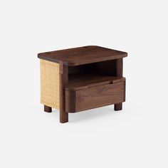 an end table with a drawer on one side and a wooden shelf on the other