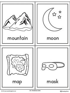 four pictures with the words mountain, map, and mask on them in black and white