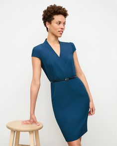 Felisa Dress - Recycled Wondertex :: Deep Teal – M.M.LaFleur Fitted V-neck Midi Dress With Belt, Chic V-neck Dress With Belt Detail, Fitted V-neck Wrap Dress For Work, Elegant Fitted Belted V-neck Dress, Fitted Midi Dress With Pleated Waist And Surplice Neckline, Chic Fitted Belted Dress With Pleated Waist, Fitted Knee-length Belted V-neck Dress, Chic Short Sleeve Belted Dress For Work, Fitted Short Sleeve Faux Wrap Dress