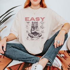 Vintage Tiger Yoga Tshirt, Design 90s Style Y2K Fashion, Cool Graphic T-Shirt, Unisex Retro Boho Tee, Trendy Aesthetic Comfort Colors Shirt   Comfort Colors garment-dyed t-shirt;  made 100% with ring-spun cotton. The soft-washed, garment-dyed fabric brings extra coziness to your wardrobe while the relaxed fit makes it an excellent daily choice. The double-needle stitching throughout the tee makes it highly durable while the lack of side-seams helps the shirt retain its tubular shape. .:The Comfo 90s Tshirt Style, Y2k Graphic T-shirt With Relaxed Fit, Y2k Relaxed Fit T-shirt With Funny Print, Y2k Style T-shirt With Letter Print And Relaxed Fit, Y2k Relaxed Fit T-shirt With Letter Print, Y2k Style Relaxed Fit T-shirt With Letter Print, 90s Graphic Design Tops With Relaxed Fit, 90s Style Graphic Tops With Relaxed Fit, 90s Style Relaxed Fit Graphic T-shirt