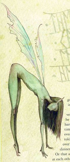 an illustration of a naked woman with wings on her head and legs, bending over to the side