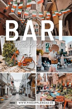 the collage shows many different things in this photo, including bicycles and buildings with flags on them