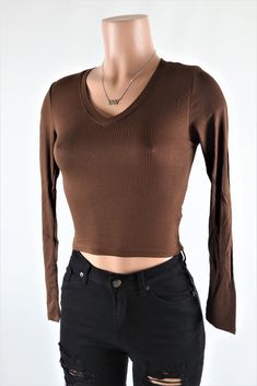 Size: S, Color: Brown Affordable Brown Cropped Top, Affordable Trendy Brown Tops, Cheap Brown Knit Top, Cheap Coffee Colored Long Sleeve Top, Cheap Casual Brown Crop Top, Cheap Brown Sporty Tops, Cheap Brown Casual Crop Top, Cheap Brown Crop Top For Spring, Cheap Brown Tops For College