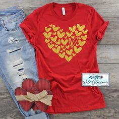 These heart of hearts graphic tees are perfect to wear all year long! Pair this with jeans, shorts or leggings for the perfect outfit! Shirt Features: Only soft and high-quality shirts are used. Brands include: Bella + Canvas, Next Level and Gildan. Bella + Canvas Tees, V-Neck Tees, Long Sleeve Tees, 3/4” Sleeve Raglans, Crewnecks & Hoodies: Unisex sizing- runs true to size. Recommend ordering a size down for a more feminine fit. Bella + Canvas Women’s Flowy Racerback Tanks: Women’s fit – Re Heart Tee Shirt, Valentines Day Shirt, Heart Tee, Bella Canvas Tees, Screen Printing Designs, Metallic Pink, Heart Shirt, Valentines Day Shirts, Love Shirt