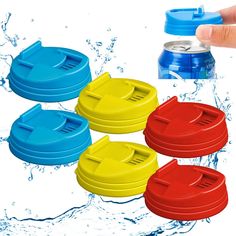 four water bottles with lids are in the water