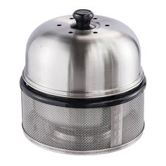 a large stainless steel pot with mesh cover