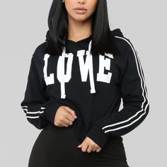 New Without Tags. No Defects. Black Hoodie Tops In Athleisure Style, Trendy Black Hooded Top, Black Hoodie Tops With Letter Print, Black Hoodie With Ribbed Cuffs For Spring, Black Hip Hop Top With Drawstring Hood, Black Crew Neck Trendy Hoodie, Black Hooded Sporty Top, Black Sporty Hoodie For Spring, Sporty Black Hooded Top