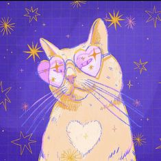 a drawing of a cat wearing glasses with stars in the sky behind it on a purple background