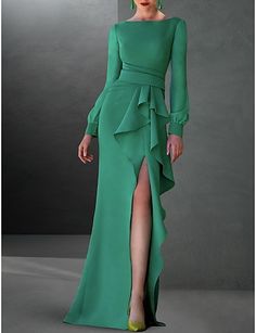 A-Line Evening Gown Party Dress Elegant Dress Formal Fall Sweep / Brush Train Long Sleeve Jewel Neck Stretch Chiffon with Ruffles Slit 2024 2024 - $133.99