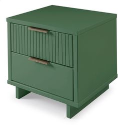 a green nightstand with two drawers on the bottom and one drawer open to reveal something