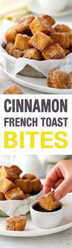 cinnamon french toast bites on a white plate with text overlay that reads, cinnamon french toast bites