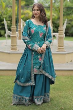 Rama Green Chinnon Readymade Sarara Kameez Suit Chiffon Sharara, Embroidered Sharara, Peach Saree, Kameez Designs, Teal Blue Color, Detailed Embroidery, Sharara Suit