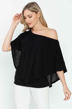 Versatile and convertible top featuring a pointed double overlay and stretchy elastic neckline. Crafted from lightweight, flowy, and breathable embroidered crinkle gauze material (no shrinkage) with a stretchy jersey inner layer. Can be styled off-shoulder, one shoulder, side shoulder, or strapless for a feminine and bohemian look. The relaxed, loose fit offers comfortable, flexible sizing and great coverage, suitable for customers of all ages. Perfect for everyday wear, casual occasions, matern Black Summer Tops With Overlay, Black Spring Tops With Overlay, Black Top With Overlay For Spring, Flowy Black Top For Layering, Versatile Black Rayon Tops, Spring Off-shoulder Tops For Layering, Spring Layering Off-shoulder Tops, Off-shoulder Tops For Spring Layering, Elegant Summer Top With Crinkle Texture