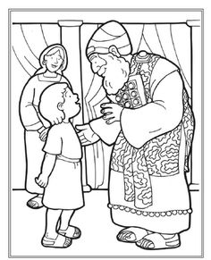 a coloring page with an image of a man and child in front of a priest