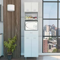 a microwave oven sitting on top of a cabinet next to a plant in a living room