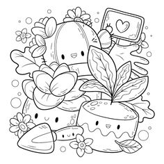 a bunch of plants and flowers in the shape of a cartoon character with a camera