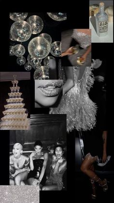 black and white collage with images of women in evening dresses, chandeliers, champagne bottles