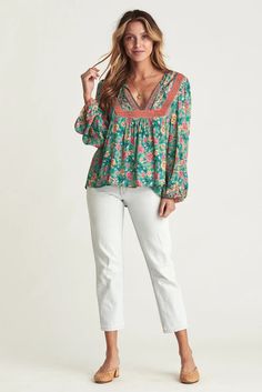 Green V Cut Neck Floral Lantern Sleeve Blouse Fall Bohemian Split Neck Tops, Spring Flowy Blouse With Split Neck, Spring Rayon Top With Split Neck, Flowy Split Neck Blouse For Spring, Green Boho Print Long Sleeve Top, Green Long Sleeve Top With Boho Print, Green Long Sleeve Boho Print Top, Casual Green Blouse With Boho Print, Green V-neck Peasant Top For Fall