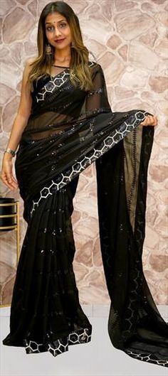 Black and Grey color Saree in Georgette fabric with Embroidered, Sequence, Thread work Black Embellished Embroidered Fitted Fabric, Fitted Black Embellished Embroidered Fabric, Fitted Black Embroidered And Embellished Fabric, Black Embellished Georgette Saree, Black Embellished Blouse Piece For Wedding, Embellished Black Blouse Piece For Wedding, Traditional Black Embellished Saree, Black Sequined Saree In Traditional Drape, Black Embroidered Blouse Piece For Reception