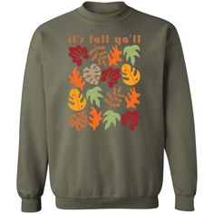 Celebrate Fall and be on trend this season with this cute and unique Its Fall Yall Sweatshirt! This abstract "flower market" inspired Fall Leaves Crewneck is super comfy! Size up for a Trendy Oversized Look! SHIPS FREE! SIZING TIPS: Size up 2-3 sizes from your "usual size" to get the "Oversized" Look! (2 sizes up is most common, and 3 sizes up is more dramatic) For a "relaxed fit" order your "usual size". When in doubt, lay your favorite fitting Sweatshirt flat and measure armpit to armpit and c Casual Fall Tops With Plant Print, Casual Floral Print Fall T-shirt, Casual Floral Print T-shirt For Fall, Fall Crew Neck T-shirt With Plants Print, Fall Cotton T-shirt With Plants Print, Fall Plants Print Cotton T-shirt, Green Tops With Plant Print For Fall, Green Floral Print Fall T-shirt, Green Floral Print T-shirt For Fall