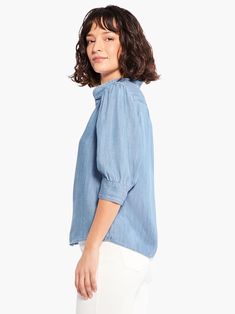 Femme Sleeve Denim Shirt | NIC+ZOE Trendy Denim Blouse With Short Sleeves, Trendy Short Sleeve Denim Blouse, Trendy Denim Short Sleeve Blouse, Denim Blouse With Relaxed Fit And Short Sleeves, Chic Short Sleeve Relaxed Fit Denim Top, Denim Blue Short Sleeve Blouse With Relaxed Fit, Relaxed Chambray Denim Top With Short Sleeves, Denim Blue Relaxed Fit Short Sleeve Blouse, Relaxed Fit Chambray Denim Top With Short Sleeves