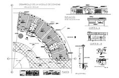 an architectural drawing shows the details of a building and its surrounding area, including a circular staircase