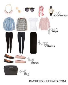 packing light. What changes would make this capsule wardrobe work for me? I know my pink shoes should be more delicate (as should the statement necklace) and my pants are better straight. Black is too stark contrast and the stripe should be micro-. The chambray is better dark rinse, if you change one of the bottoms to a medium color. Minimalisticky Chic, Travel Packing Outfits, Packing Wardrobe, Capsule Wardrobe Work, Parisienne Chic, Pack Light, Travel Capsule Wardrobe, Wardrobe Planning