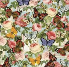 butterflies and flowers on blue background with pink, red, yellow and white roses in the center