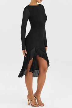 Flaunt your figure in our Sheer Ruffle Trim Bodycon Midi Dress. With its trumpet sleeves and form-fitting silhouette, this dress will hug your curves in all the right places. The sheer ruffle trim adds a touch of feminine elegance, making you feel confident and stylish no matter the occasion. Elevate your wardrobe with this must-have midi dress. Decoration Zip Up Length Mid-Calf Style Sexy & Club Fabric Type Blended fabrics , Mesh Material Polyester , Spandex , Lanon Neckline Round Pattern Type Backless Cocktail Dress, Cocktail Bridesmaid Dresses, Backless Evening Dress, Tight Mini Dress, Fishtail Dress, Tube Top Dress, Ruffle Midi Dress, Ruched Midi Dress, Bodycon Maxi Dresses