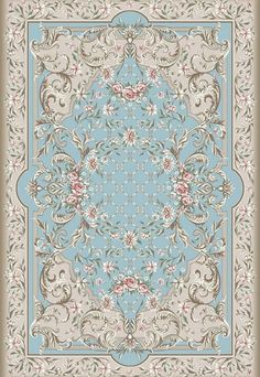 a blue and beige rug with an ornate design on the bottom, surrounded by flowers