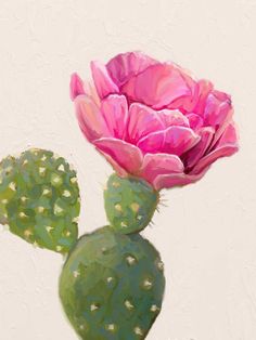 a painting of a pink flower on top of a green cactus