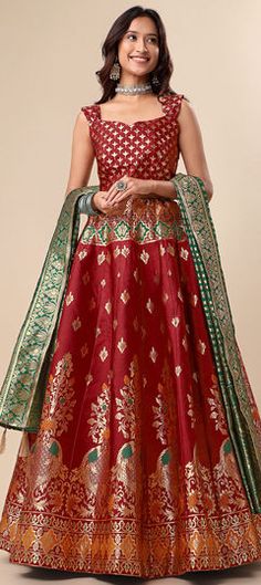 Red and Maroon color Lehenga in Jacquard fabric with Weaving work Red Art Silk Lehenga With Self Design, Red Anarkali Gown For Ceremonial Occasions, Ceremonial Red Gown With Pallu, Red Self Design Art Silk Lehenga, Red Ceremonial Gown With Dupatta, Ceremonial Red Gown With Dupatta, Red Bollywood Ceremonial Gown, Red Brocade Dupatta With Resham Embroidery, Red Brocade Lehenga With Motifs