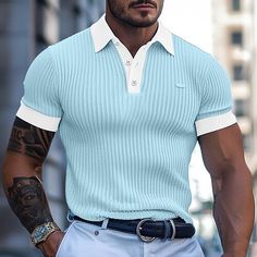 Season:Summer,Spring; Fabric:95% Polyester 5% Spandex; Sleeve Length:Short Sleeve; Gender:Men's; Style:Fashion; Elasticity:Micro-elastic; Tops Type:Golf Shirt,Knit Polo; Occasion:Business,Casual; Details:Only tops; Fit Type:Regular Fit; Pattern:Color Block; Design:Knitted,Button; Neckline:Classic; Brand:OUKU; Listing Date:04/15/2024; Quantity:1pc Blue Fitted Polo Shirt For Summer, Fitted Casual Polo Shirt With Buttons, Fitted V-neck Polo Shirt For Summer, Fitted Ribbed Short Sleeve Polo Shirt, Fitted Light Blue Polo Shirt With Polo Collar, Light Blue Short Sleeve Polo Shirt For Summer, Light Blue Fitted Polo Shirt With Polo Collar, Summer Ribbed Polo Collar Top, Fitted Light Blue Casual Polo Shirt