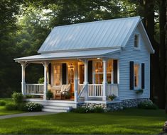 a small white house with porches and steps leading to the front door is surrounded by trees