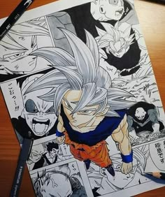 a drawing of gohan from dragon ball is displayed on a table with pencils