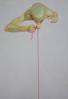 a painting of a person holding onto a red string with one hand and the other leg