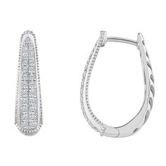 "These gorgeous 14k gold diamond tapered hoop earrings are the perfect way to finish any outfit. These gorgeous 14k gold diamond tapered hoop earrings are the perfect way to finish any outfit. Length: 3/4"" Backings: click-it Metal: 14k gold Plating: rhodium Finish: polished Packaging: boxedDIAMOND DETAILS Total weight: 1/2 ct. Shape: round brilliant Setting: micro prong Diamond weights are approximate. Diamond total weights may vary between .01 and .08 ct. Some diamonds have fewer than 17 facet Classic Platinum Hoop Earrings With Diamond Accents, Classic Platinum Hoop Diamond Earrings, Classic Channel Set Diamond White Hoop Earrings, Formal Diamond Hoop Earrings Channel Set, Formal Pave-set Huggie Hoop Earrings, Formal Pave Setting Huggie Hoop Earrings, Formal Oval Hoop Earrings With Diamond Accents, Oval Hoop Earrings With Diamond Accents For Formal Events, Oval Hoop Earrings With Diamond Accents For Formal Occasions