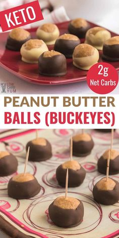 chocolate covered peanut butter balls on a red plate with the words keto written above it