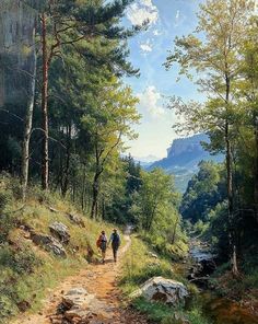 two people walking down a dirt path in the woods by a stream and mountains behind them