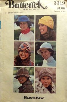 Vintage headwear pattern: . 1973; Misses' Hats. Views A and B - Shaped hat has six section crown, optional lining, and topstitch trim. With or without contrast upper brim. View C - Close-fitting hat darted from crown has turned-back front brim. Butterick printed pattern #3319. Complete, envelope is included and somewhat worn. U.S. BUYERS PLEASE NOTE:  this item is shipping from CANADA, so delivery time may take a little longer than usual.  Shipping rates quoted are for regular airmail with  tracking and insurance to the US, and delivery expectation of between 1-4 weeks. Please contact me if you'd prefer a tracked rate within Canada. If you require faster delivery, please upgrade to tracked/ expedited shipping for faster delivery. Combined shipping for multiple items is always available! Co Pattern Hats, 70s Sewing Patterns, Womens Hats, Senior Project, Hat Styles, Hats And Caps, Millinery Hats, 1970s Fashion