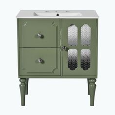 a green cabinet with two drawers and a sink in the middle, against a white background