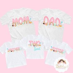 three t - shirts with the words mom and two sweet on them