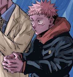 an anime character with pink hair holding onto another character's jacket in the rain