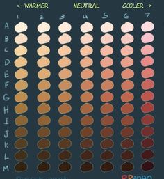 the color chart for different shades of pink, orange and yellow on a dark background