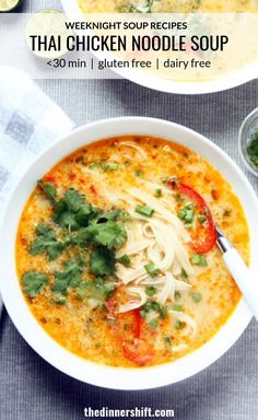 thai noodle soup in a white bowl on a gray table with text overlay