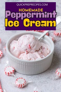 homemade peppermint ice cream in a bowl with candy canes around it