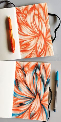 two notebooks with different colored designs on them