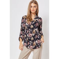 * Dear Scarlett Women's Lizzy Top * Bulgari Fabric Feel (Premium Fabric Quality) * Wrinkle Free * Split V-Neckline * Curved Hemline * 3/4 Roll Tab Sleeves With Button Detailing * Relaxed Fit (True To Size For Relaxed Fit) * Stretch Fabric * 95% Polyester, 5% Spandex * Mpn Lizzy-V0022 Measurements: Bust Measured Laid Flat Across Front Armpit To Armpit S 19", M 20", L 21", 1xl 23", 2xl 24", 3xl 25" Length Measured Shoulder To Hemline S 27", M 28", L 29", 1xl 30", 2xl 31", 3xl 32" Black V-neck Rayon Blouse, Elegant Floral Print Top With Split Neck, Elegant Floral Print Split Neck Top, Black Rayon V-neck Blouse, Black Split Neck Top For Spring, High Low Shirt, Floral Print Tunic, Short Sleeve Tunic, Women Tunic Tops